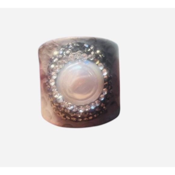 Mabe Pearl Ring with Faux Snakeskin Covered Metal and Halo of CZ and Marcasite - Picture 1 of 6